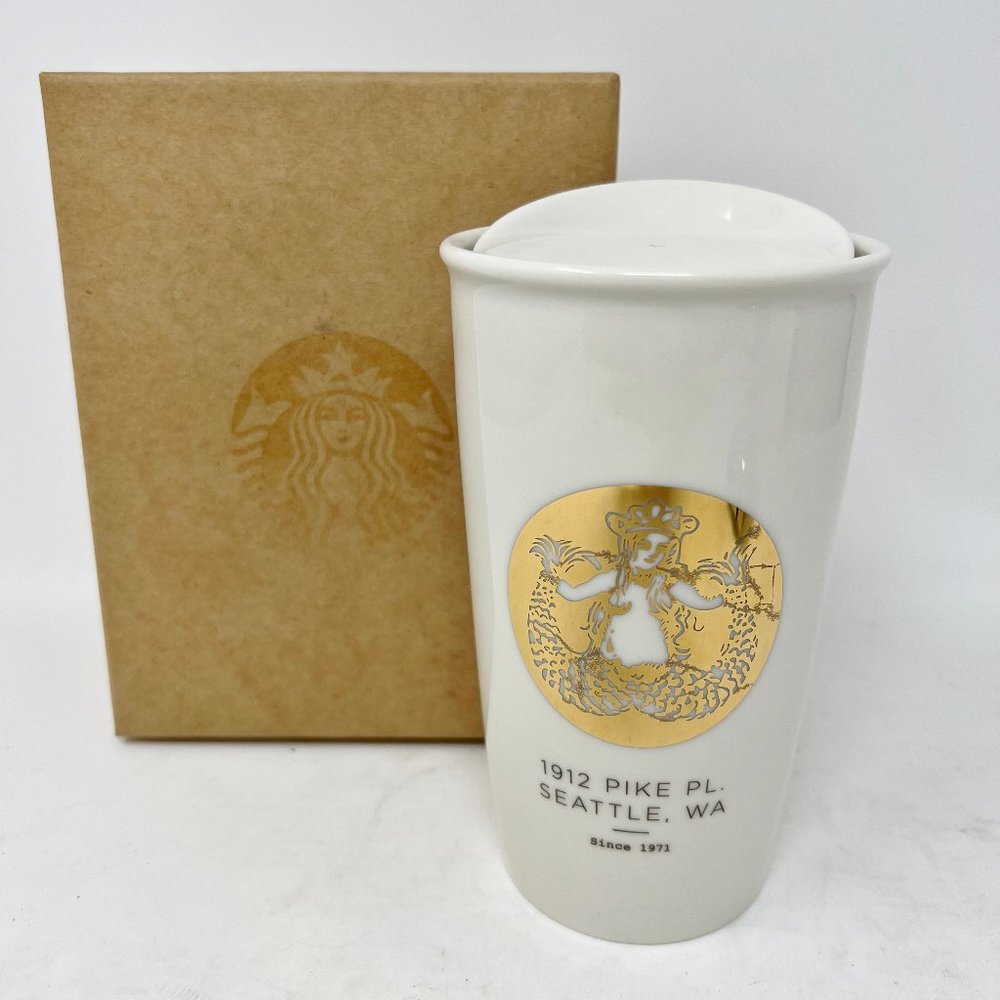 (SOLD)Starbucks Coffee White Porcelain and Gold Graphic Mug w/ Lid and Box - Picture 1 of 12